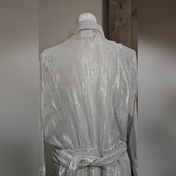 GRETCHEN SCOTT Breezy Blouson Dress- Glinda lurex -silver/white. Size Medium - Picture 15 of 16